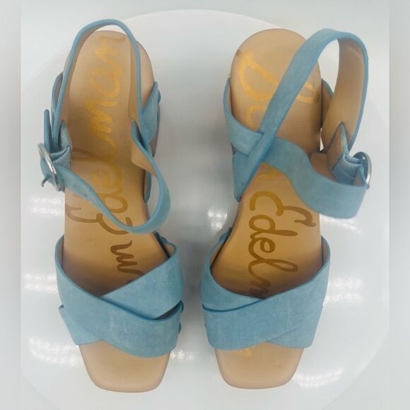 New! SAM EDELMAN Women's Josefine Platform Heeled Sandal Sky Blue - Picture 4 of 15